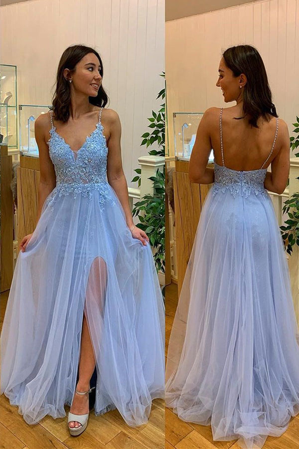 A line Spaghetti Straps Sky Blue Tulle V neck Backless Applique Prom Dresses with Slit OM0140