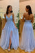 A line Spaghetti Straps Sky Blue Tulle V neck Backless Applique Prom Dresses with Slit OM0140