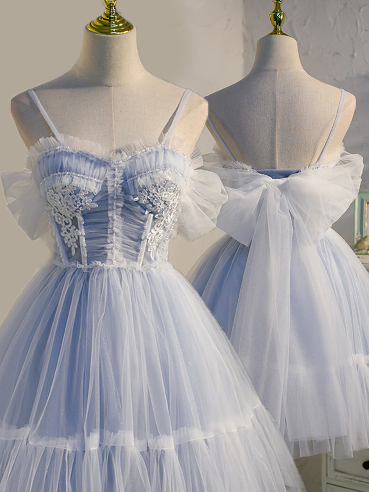 Cute Pastel Blue A line Spaghetti Straps Tulle Appliques Short Homecoming Dresses OMH0041