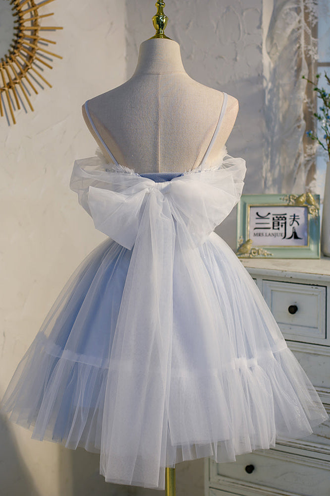 Cute Pastel Blue A line Spaghetti Straps Tulle Appliques Short Homecoming Dresses OMH0041