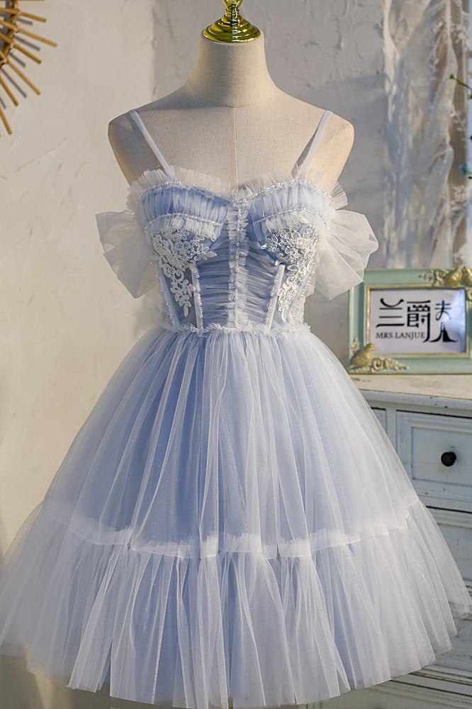 Cute Pastel Blue A line Spaghetti Straps Tulle Appliques Short Homecoming Dresses OMH0041