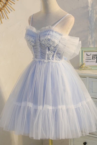 Cute Pastel Blue A line Spaghetti Straps Tulle Appliques Short Homecoming Dresses OMH0041