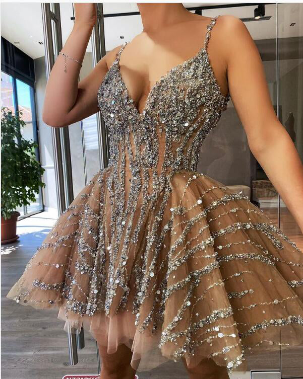 A line Spaghetti Straps V Neck Sequined Tulle Short Homecoming Dresses Cocktail Dress OMH0027