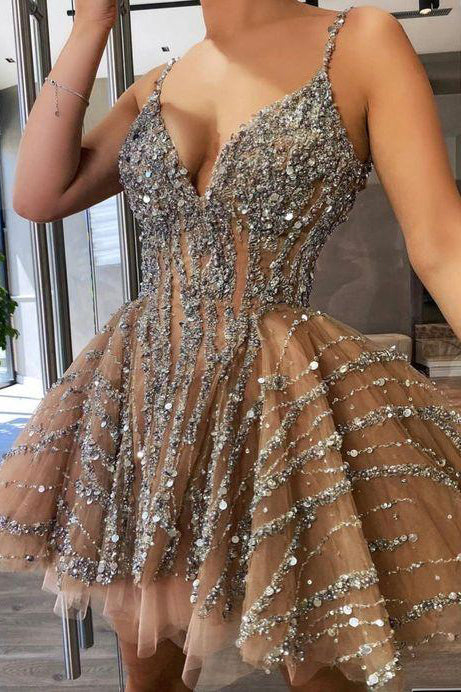 A line Spaghetti Straps V Neck Sequined Tulle Short Homecoming Dresses Cocktail Dress OMH0027