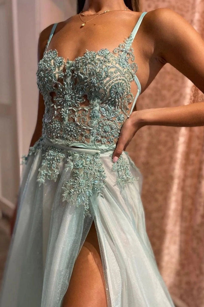 A Line Spaghetti Straps Tulle Lace Swetheart Green Long Prom Dresses with Slit OM0208