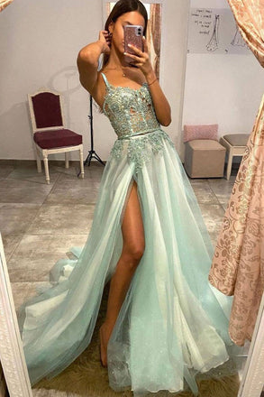 A Line Spaghetti Straps Tulle Lace Swetheart Green Long Prom Dresses with Slit OM0208