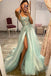 A Line Spaghetti Straps Tulle Lace Swetheart Green Long Prom Dresses with Slit OM0208