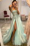 A Line Spaghetti Straps Tulle Lace Swetheart Green Long Prom Dresses with Slit OM0208