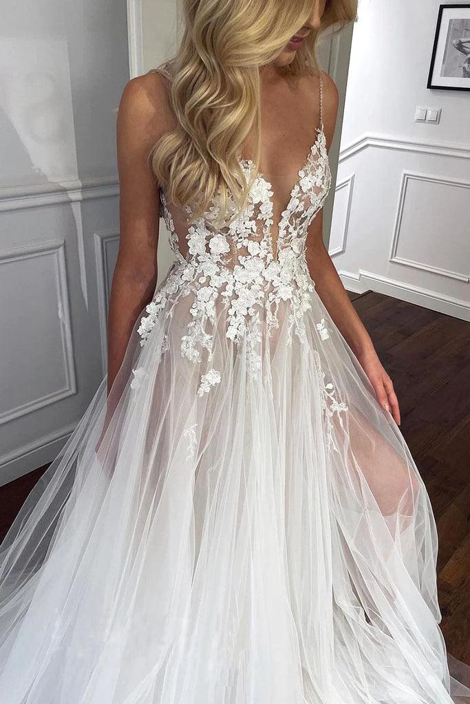 Elegant A Line Tulle Spaghetti Straps V Neck Lace Appliques Beach Wedding Dresses OW0067