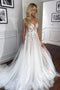 Elegant A Line Tulle Spaghetti Straps V Neck Lace Appliques Beach Wedding Dresses OW0067
