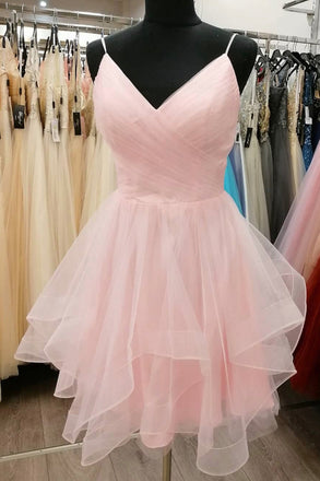 A Line Spaghetti Straps V Neck Pink Short Prom Dresses, Graduation Homecoming Dress OMH0043