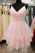 A Line Spaghetti Straps V Neck Pink Short Prom Dresses, Graduation Homecoming Dress OMH0043