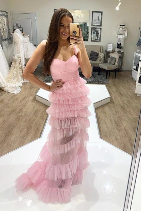 Unique A line Light Pink Ruffles Layered Tulle Long Prom Dresses, Party Dresses OM0104