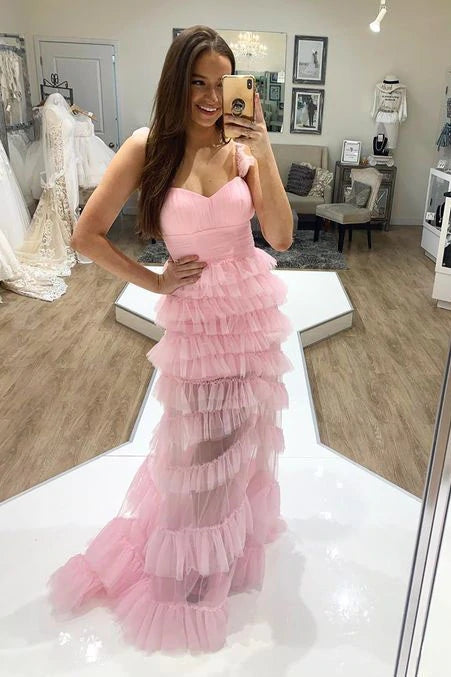 Unique A line Light Pink Ruffles Layered Tulle Long Prom Dresses trendtydresses Unique A line Light Pink Ruffles Layered Tulle Long Prom Dresses trendtydresses