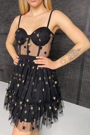 Unique Spaghetti Straps A line Black Sweetheart Tulle Homecoming Dress with Stars OMH0117