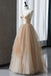A line Tulle Spaghetti Straps V neck Long Prom Dresses, Simple Backless Prom Gown OM0183