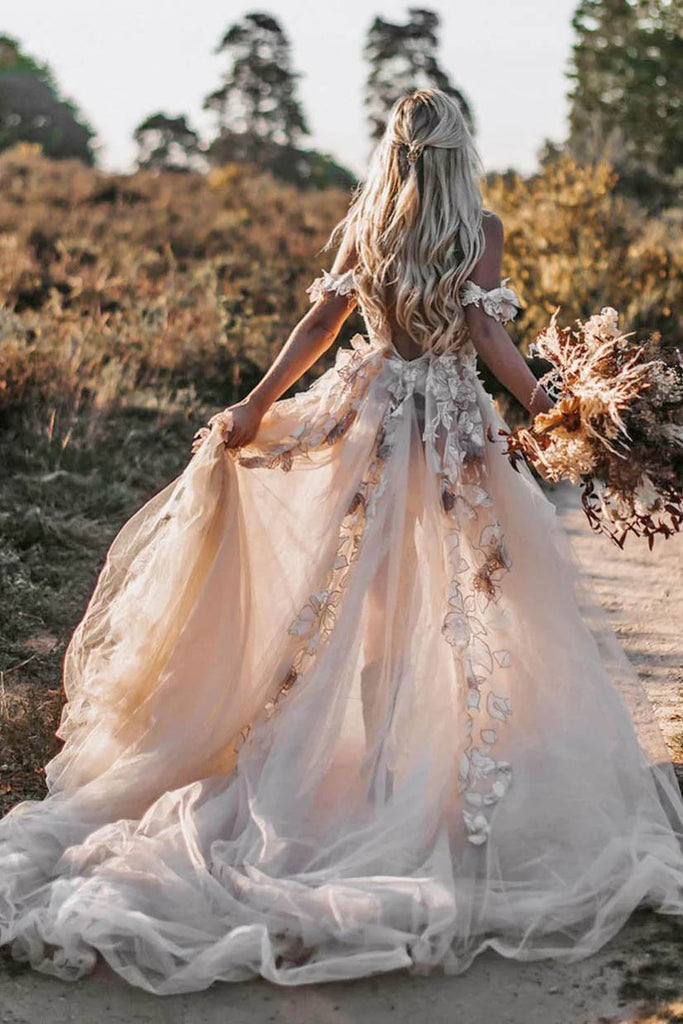 Elegant A line Off The Shoulder Lace Appliques Beach Wedding Dresses, Bridal Gowns OW0115