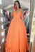 Shiny A Line Sequins Spaghetti Straps V neck Prom Dresses, Floor Length Evening Dress OM0256
