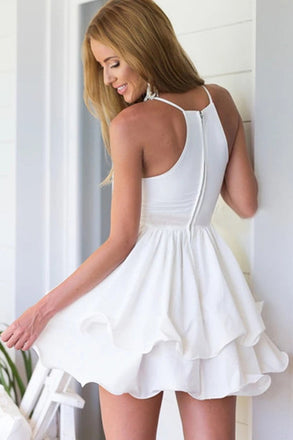 A line White Spaghetti Straps Ruffled Chiffon Short Mini Cocktail Dress Homecoming Dress OMH0073