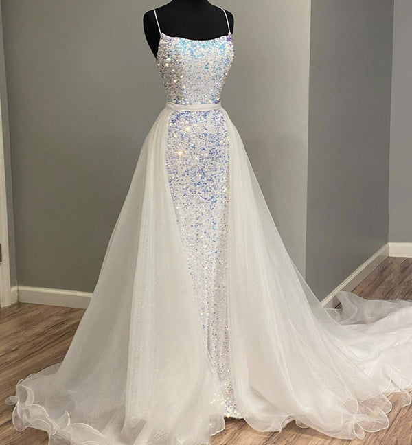 Mermaid White Sequins Spaghetti Straps Long Prom Dresses, Evening Dresses OM0226