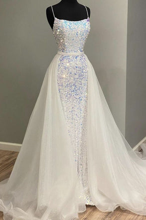 Mermaid White Sequins Spaghetti Straps Long Prom Dresses, Evening Dresses OM0226