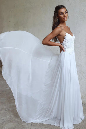 A Line Lace Long White Spaghetti Straps Chiffon Bridal Dresses, Beach Wedding Dress OW0049