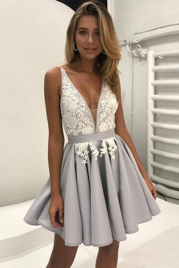 A line Deep V neck Short Cocktail Dress with Appliques, Pleats Homecoming Dresses OMH0051
