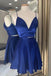 Simple A line Blue Satin V neck Spaghetti Straps Two Pieces Homecoming Dresses OMH0103