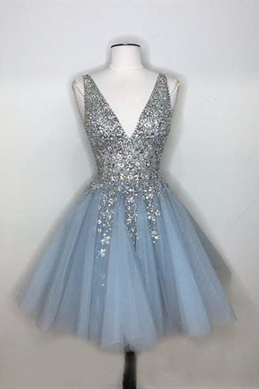 Sparkly A-line Deep V-neck Light Blue Short Homecoming Dresses PDO64