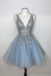 Sparkly A-line Deep V-neck Light Blue Short Homecoming Dresses PDO64
