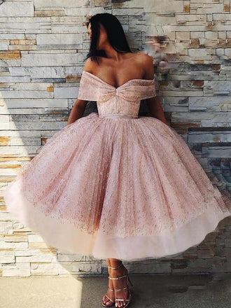 Off the Shoulder Sparkly Pink Tea Length Ball Gown Prom Dresses PDI5