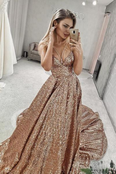 Sparkly Sequin V Neck Long Junior Prom Dresses with Straps PDI27