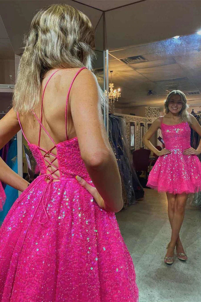 Hot Pink Sequins Sleeveless Short Prom Dresses, Homecoming Graduation Dresses OMH0108