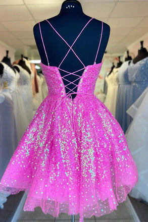 Hot Pink Sequins Sleeveless Short Prom Dresses, Homecoming Graduation Dresses OMH0108