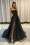 Glitter Black Spaghetti Straps V Neck Tulle Party Dresses, Long Formal Dress With Slit OM0316