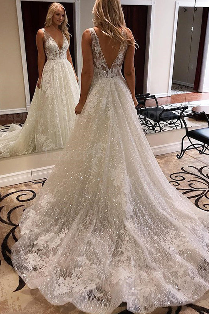 Sparkle A line V Neck Lace Appliques Wedding Gowns, V Back Sleeveless Bridal Dress OW0124