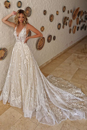 Sparkle A line V Neck Lace Appliques Wedding Gowns, V Back Sleeveless Bridal Dress OW0124