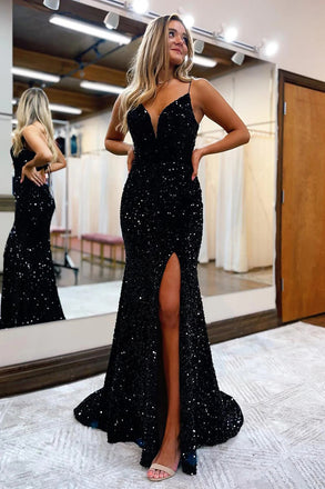 Sparkly Mermaid Sequins Spaghetti Straps V neck Long Prom Dresses With Slit OM0382