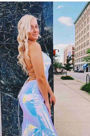 Sparkly Mermaid Blue Sequins Party Dress, Long Criss Cross Prom Evening Dresses OM0236