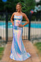Sparkly Mermaid Blue Sequins Party Dress, Long Criss Cross Prom Evening Dresses OM0236
