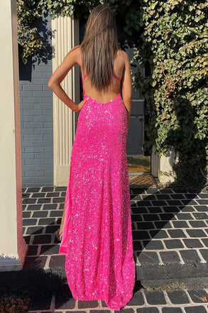 Sparkly Mermaid Hot Pink V Neck Sequins Side Slit Long Prom Dresses, Party Dresses OM0259