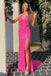 Sparkly Mermaid Hot Pink V Neck Sequins Side Slit Long Prom Dresses, Party Dresses OM0259