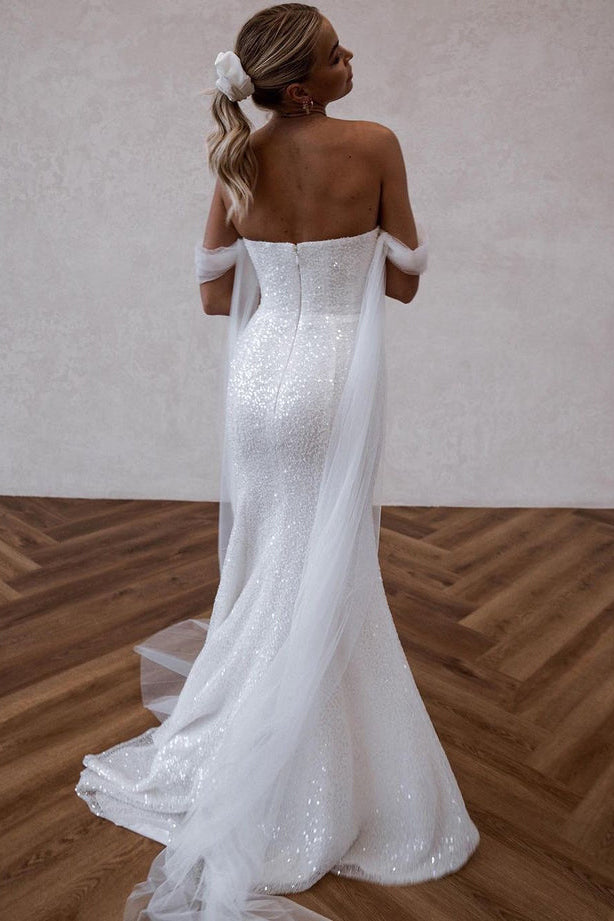 Sparkly Mermaid Sequins White Strapless Wedding Dresses With Slit, Long Bridal Dress OW0136