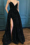 Sparkly A Line Spaghetti Straps Black Sequined Backless Long Prom Dresses with Slit OM0154