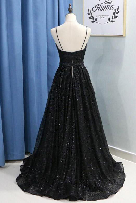 Sparkly A Line Spaghetti Straps Black Sequined Backless Long Prom Dresses with Slit OM0154