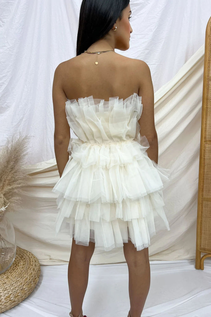 Cute A Line Ivory Strapless Short Homecoming Dress, Tiered Graduation Dresses OMH0195
