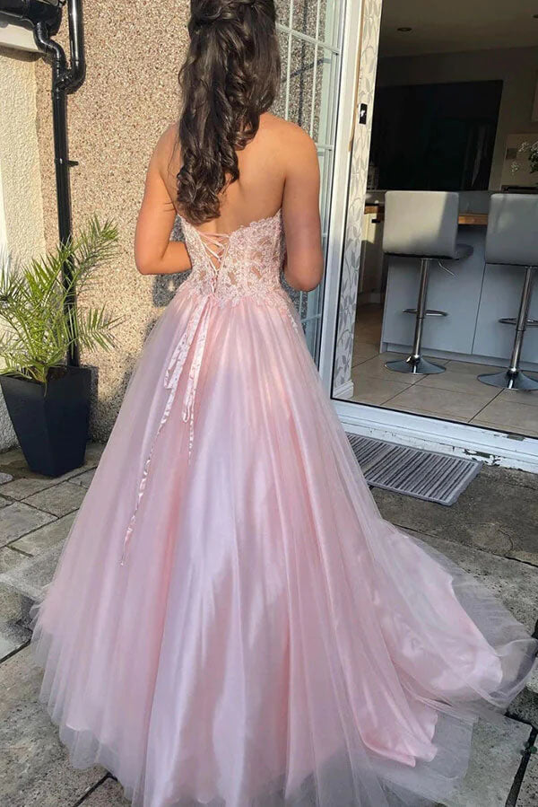 Pink Strapless A line Sweetheart Lace Long Prom Dresses, Tulle Formal Party Dresses OM0292