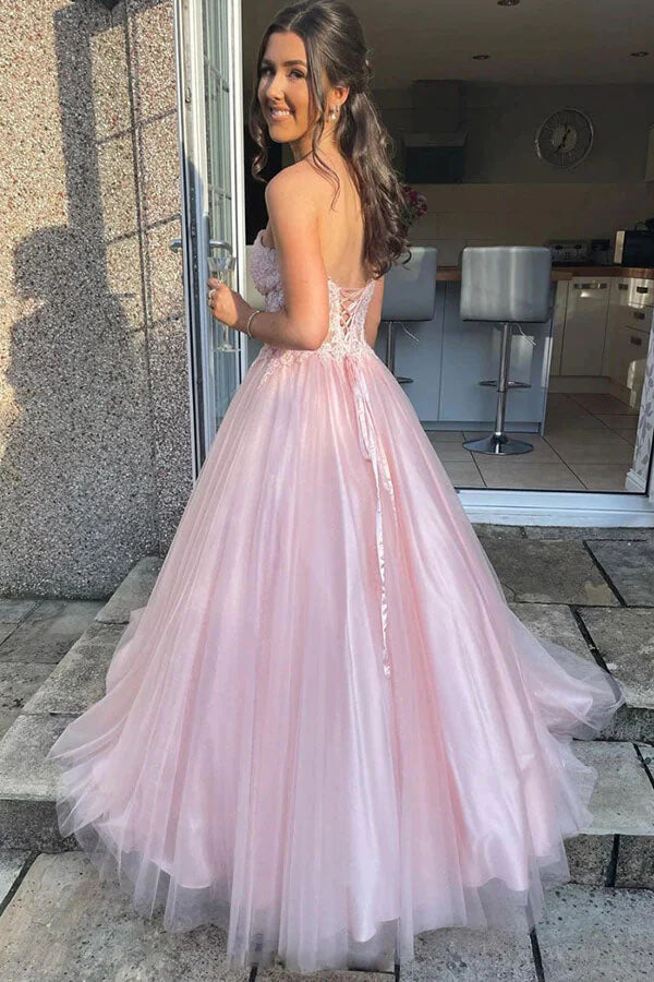Pink Strapless A line Sweetheart Lace Long Prom Dresses, Tulle Formal Party Dresses OM0292