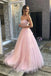 Pink Strapless A line Sweetheart Lace Long Prom Dresses, Tulle Formal Party Dresses OM0292