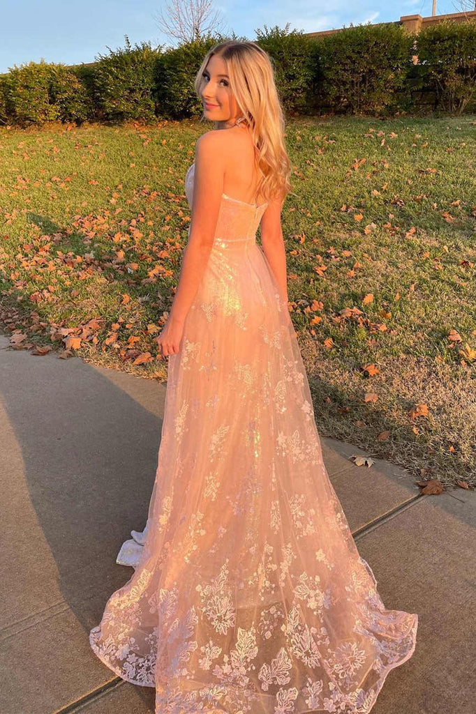 Sparkly Strapless Rose Gold Mermaid Lace Appliques Prom Dresses, Evening Dresses OM0305